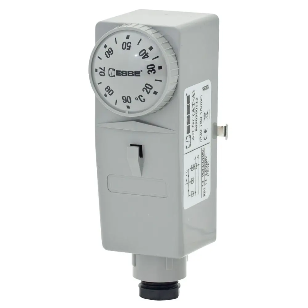 Thermostat von ESBE in grauer Bauweise mit Einstellrad für Temperaturregulierung von 20 bis 90 Grad. Anschlussmöglichkeiten und Produktinformationen auf der Seite sichtbar.